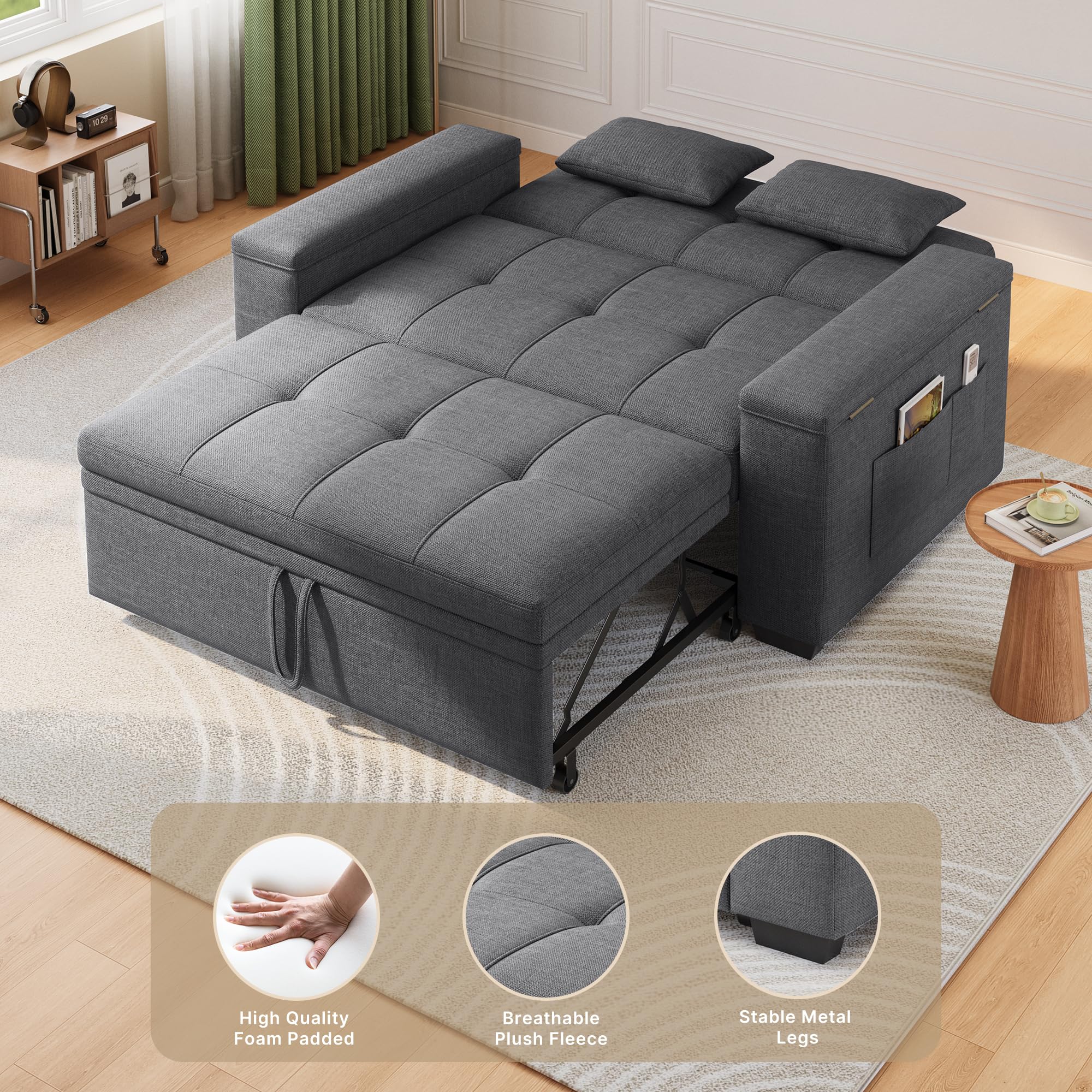 Xbro Divano Letto 2 Posti in Lino, Letto Esteso 175x116 cm, Convertibile 3 in 1 con 2 Cuscini e Tasche Laterali, Compatto Salvaspazio per Soggiorno e Camera Ospiti, 156x74x84 cm, Grigio Scuro