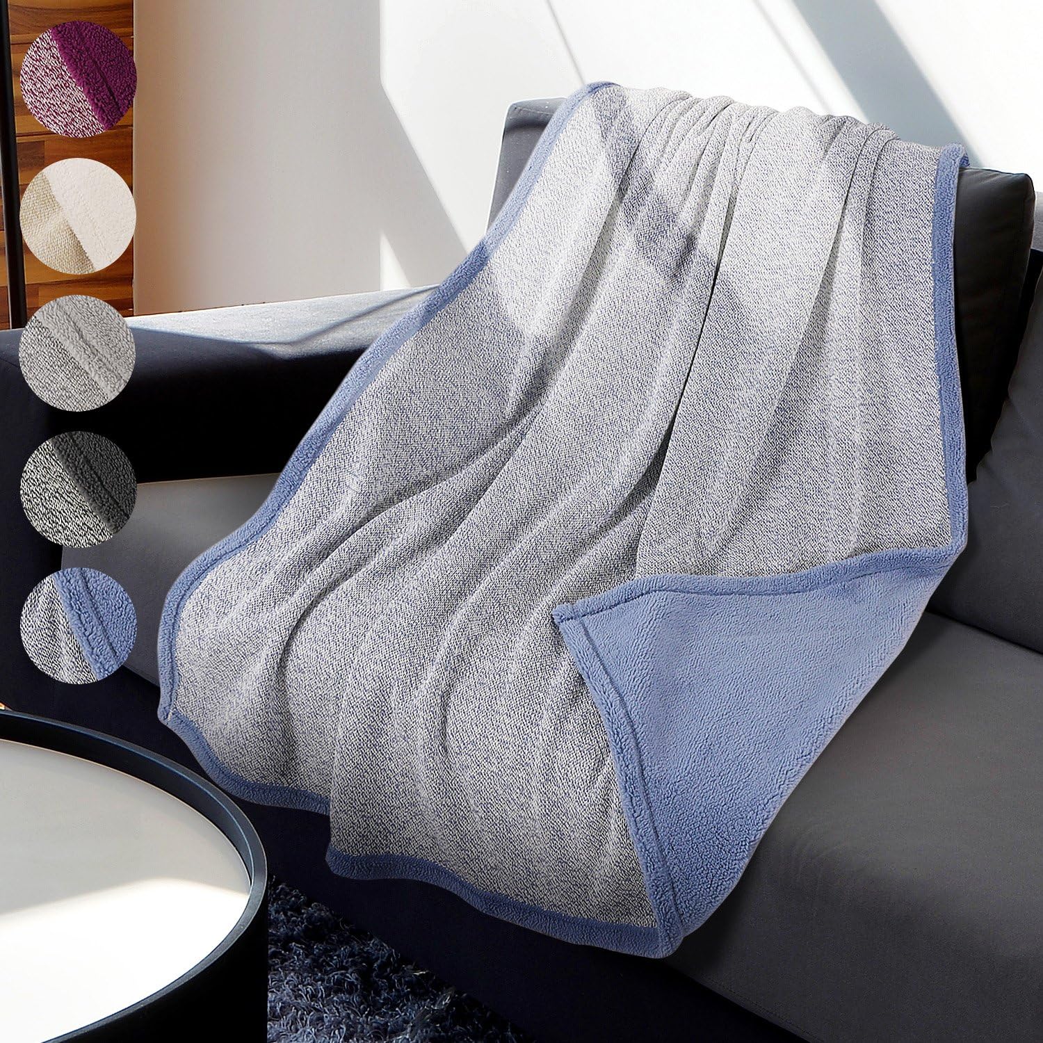 Knitted Sherpa Throw Blanket Super Soft Cozy with Plush Fleece for Coach and Bed 50"x 60" Reversible Warm for All Season Blue