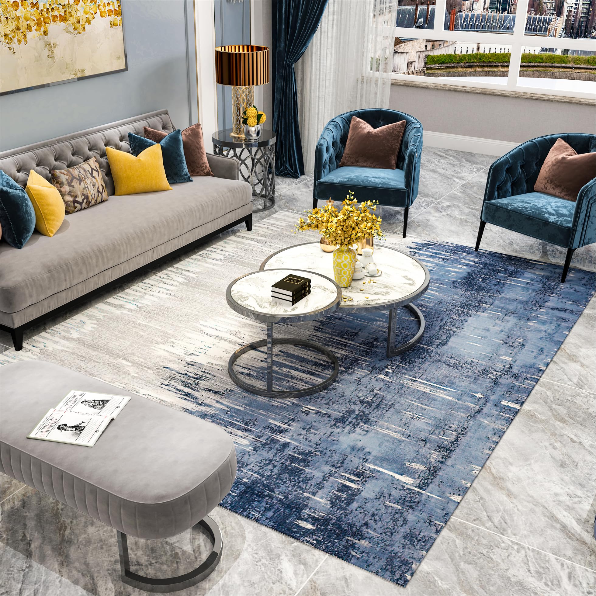 Washable Area Rug, 8x10 Large Area Rug for Living Room, Soft Area Rug for Bedroom, Abstract Design, Stain Resistant Rugs, TPR Anti-Slip Backing, Non Shedding, Blue Area Rug