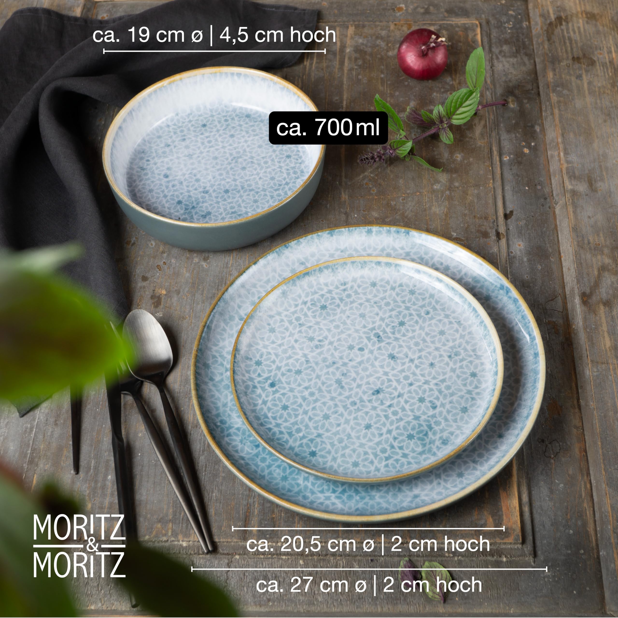 Moritz & Moritz TERRA 18-tlg Geschirrset 6 Personen - Teller Set in strahlendem Azurblau aus hochwertigem Porzellan - Geschirr Set 6 Personen aus je 6x Speiseteller, Dessertteller und Schalen