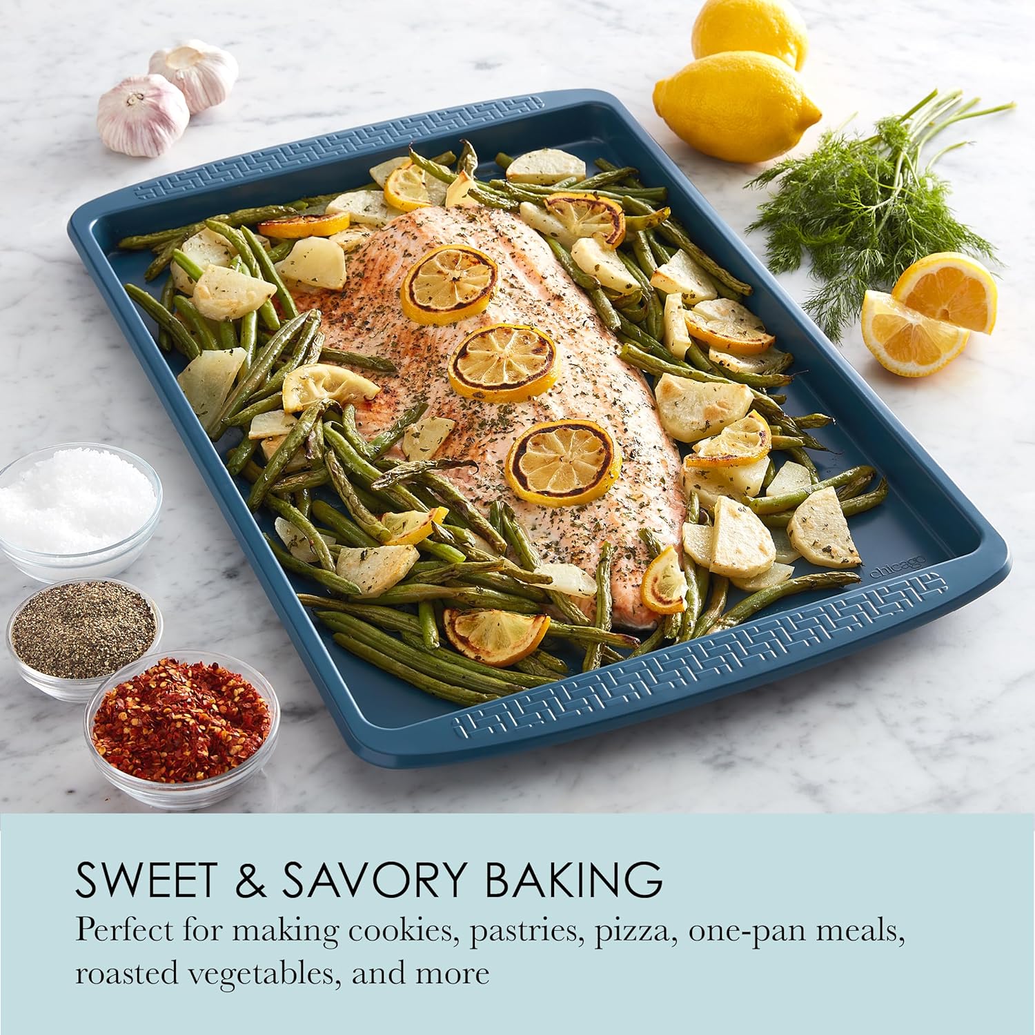 Chicago Metallic Everyday Non-stick Large Baking Sheet, Perfect for making cookies, one-pan meals, roasted vegetables, and more! 21.06 x 13.98 x 0.98 Inch, Blue - Image 3