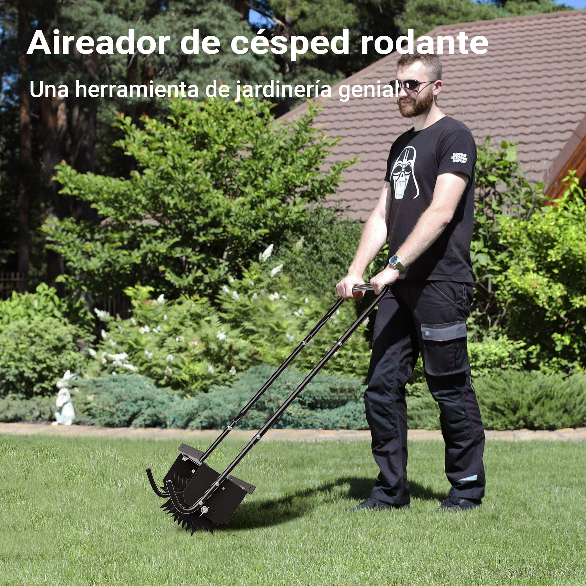 Wiltec Aireador de césped negro con 40 cm de ancho de trabajo y 6,4 cm de profundidad de trabajo escarificador manual con 5 discos de púas de acero perforador de césped