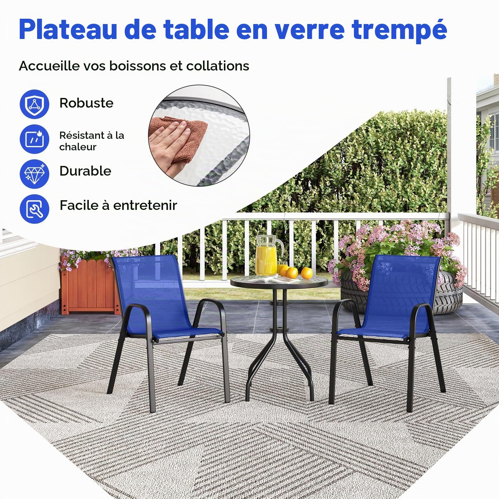 KOMFOTTEU Salon de Jardin 2 Personnes, 2 Fauteuils Tissu & 1 Table, Bleu