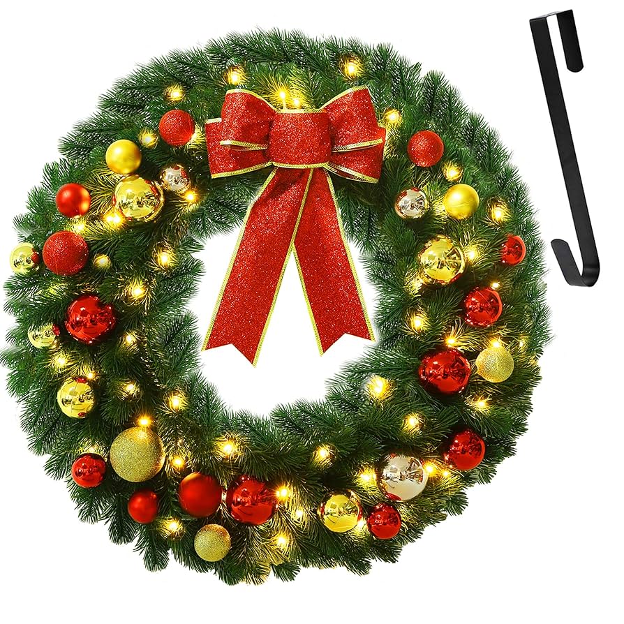 48in Pre-Lit Outdoor Christmas Wreath, LED Metal Holiday Decor W/ 140