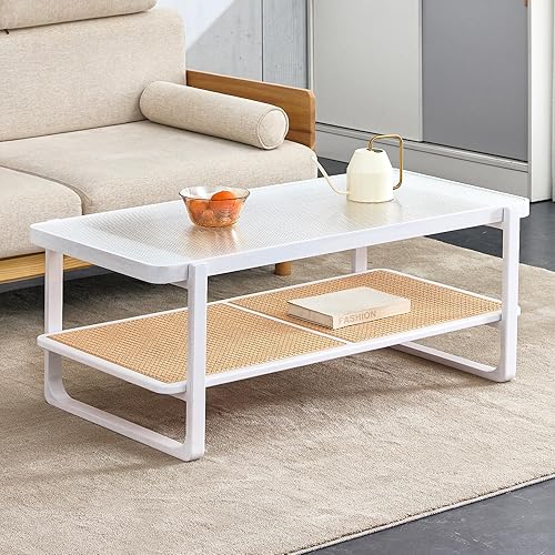 Mesa de centro moderna minimalista blanca de doble capa de madera maciza. Mesa de cristal, mesa con borde de ratán de imitación. Mesa rectangular