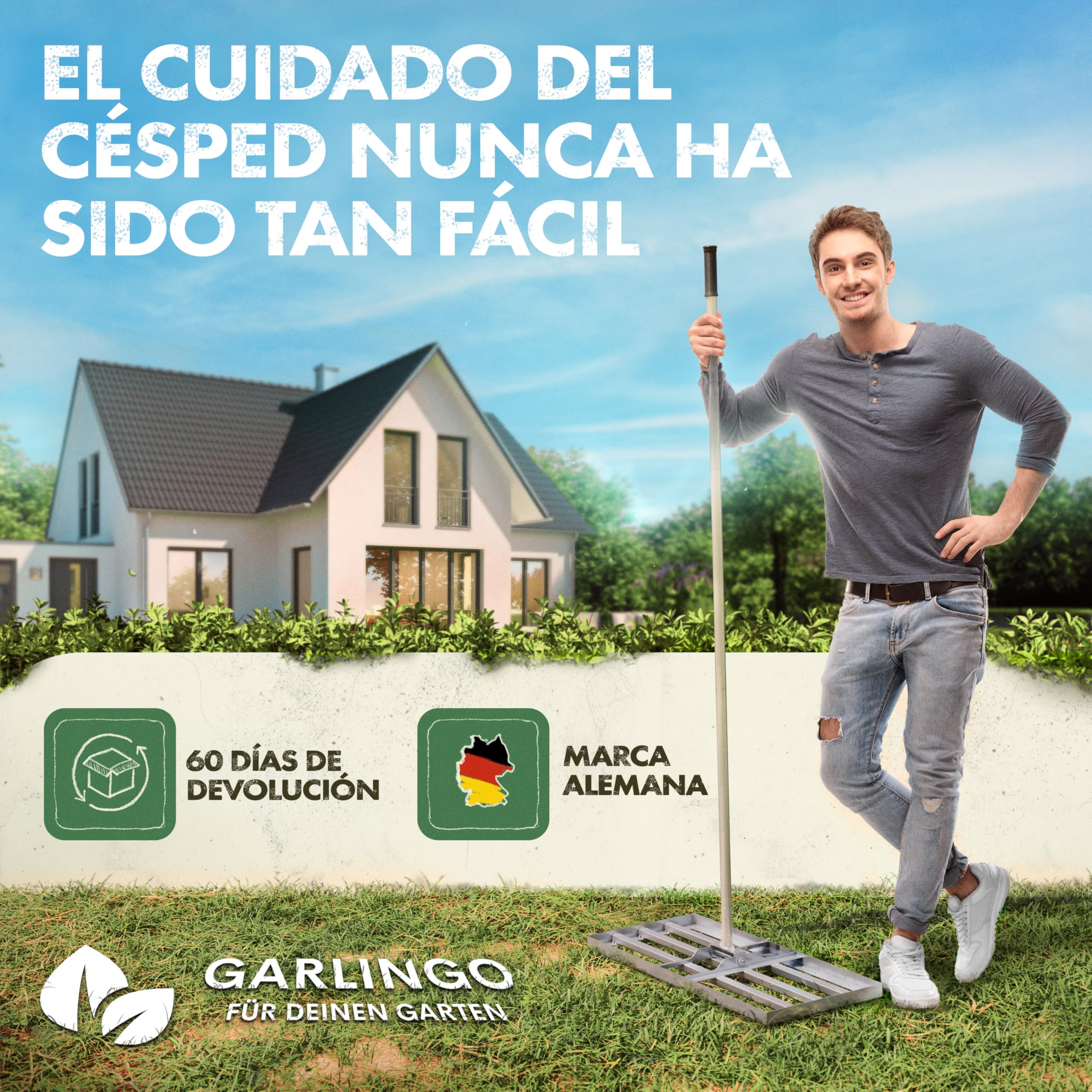 GARLINGO Rastrillo de césped | 75 x 35 cm | Incl. Mango METÁLICO de 1,7m | Rastrillo de césped para lijar el césped, nivelar la Arena del césped, aireador Nivelador de césped con rastrillo