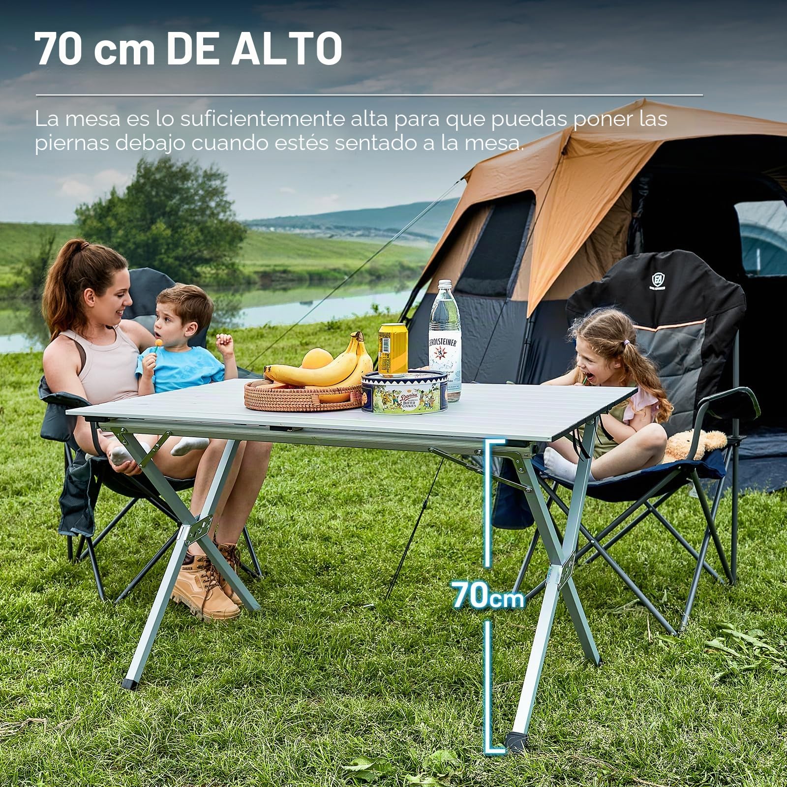 EVER ADVANCED Mesa de Camping Plegable Aluminio 120X70CM Mesa Plegable 100KG Cargable Tablero Enrollable para 4-6 Personas, Mesas de Picnic con Bolsa de Transporte para Camping Picnic Jardín Balcón