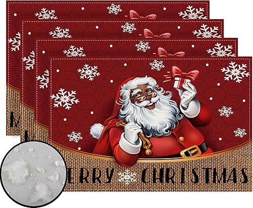 Juego de 4 manteles individuales de Navidad afroamericanos, manteles individuales de Papá Noel negro, decoraciones y suministros para mesa del
