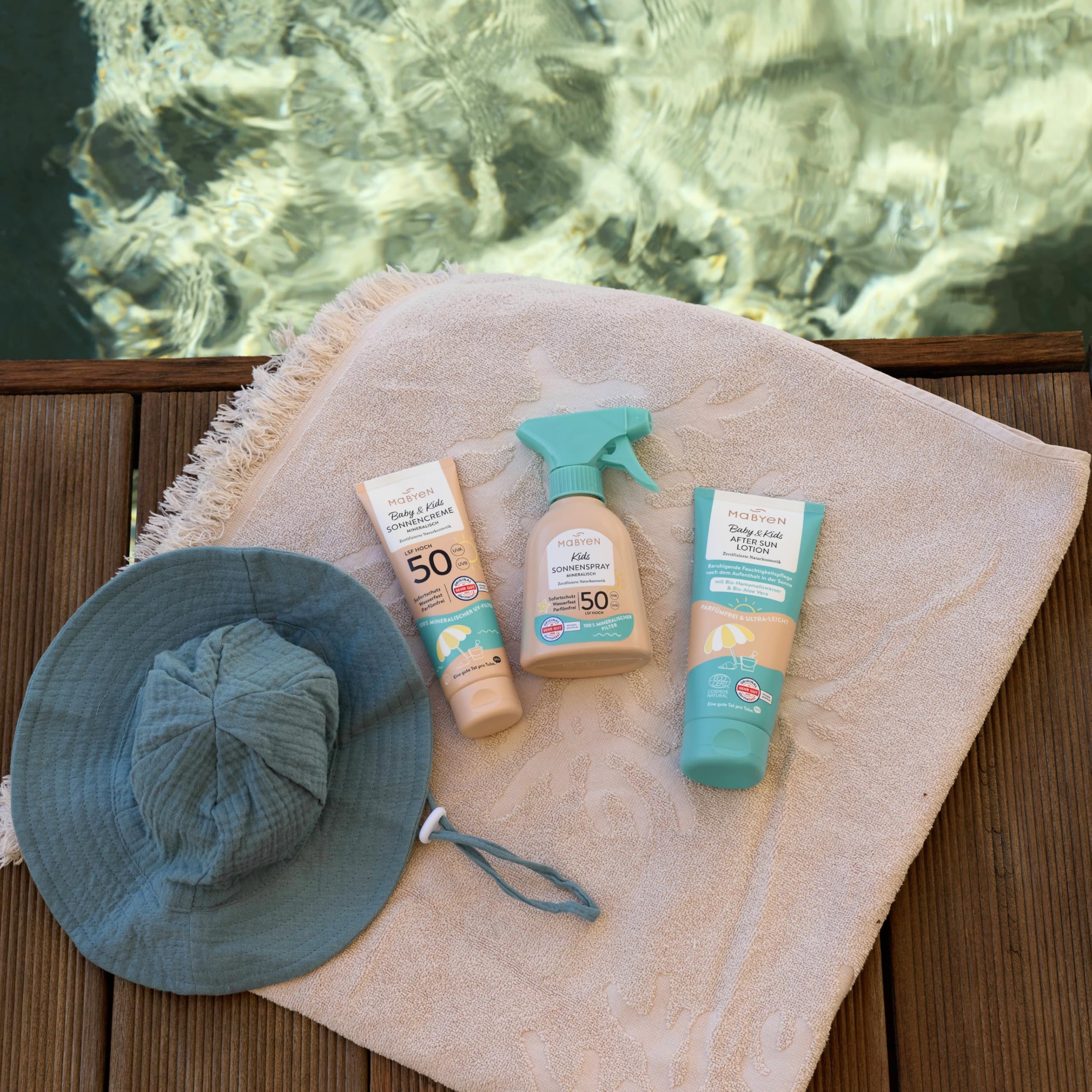 MABYEN Baby & Kids Sonnenspray LSF 50 und After Sun Lotion Set, 100% mineralischer UV-Filter aus Zinkoxid, parfümfrei, COSMOS Natural, 150 ml + 180 ml