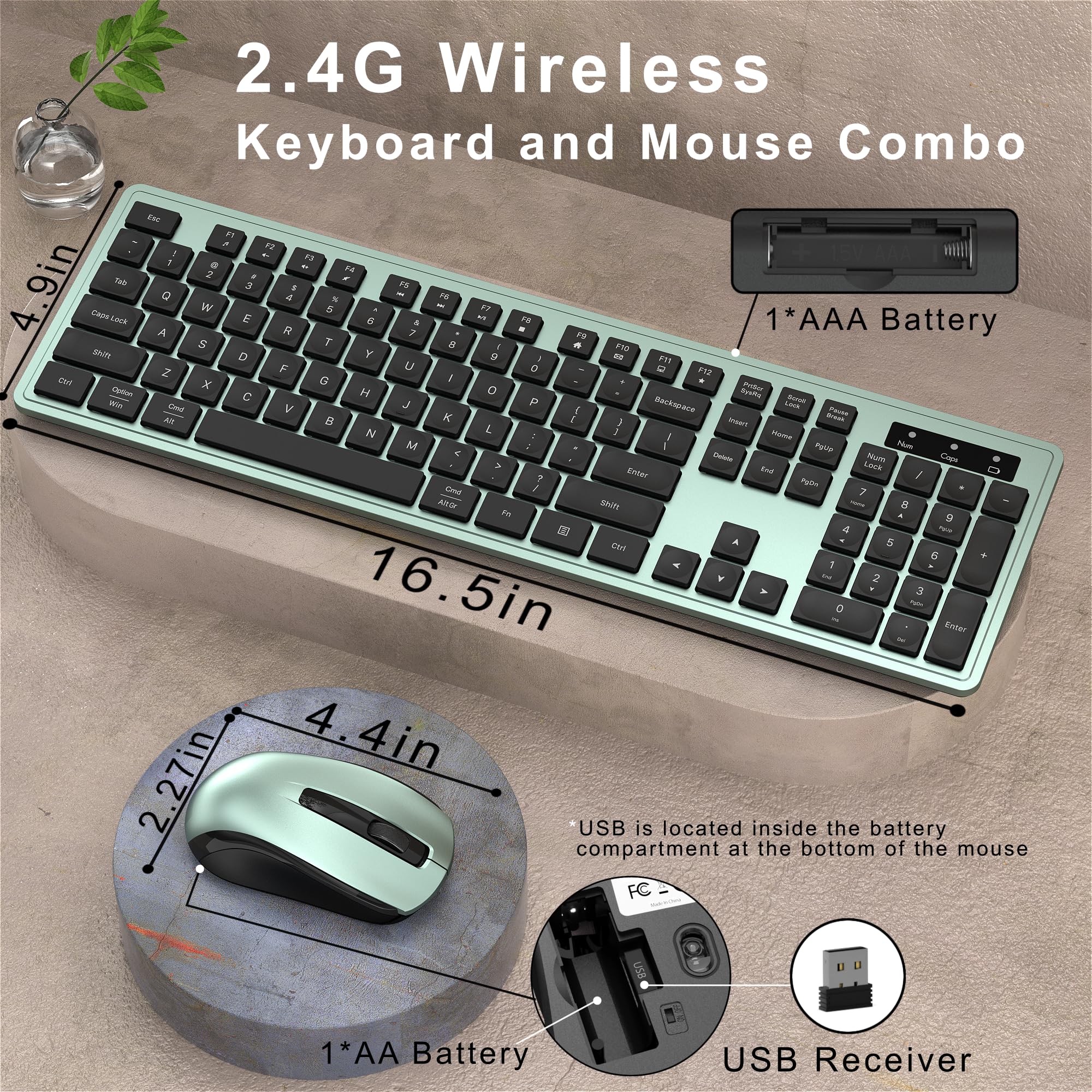 MPTOG Tastiera wireless e mouse combinata, tastiera da ufficio a 104 tasti con 15 tasti funzione, tastiera numerica, ricevitore USB singolo, compatibile con PC e laptop (verde)