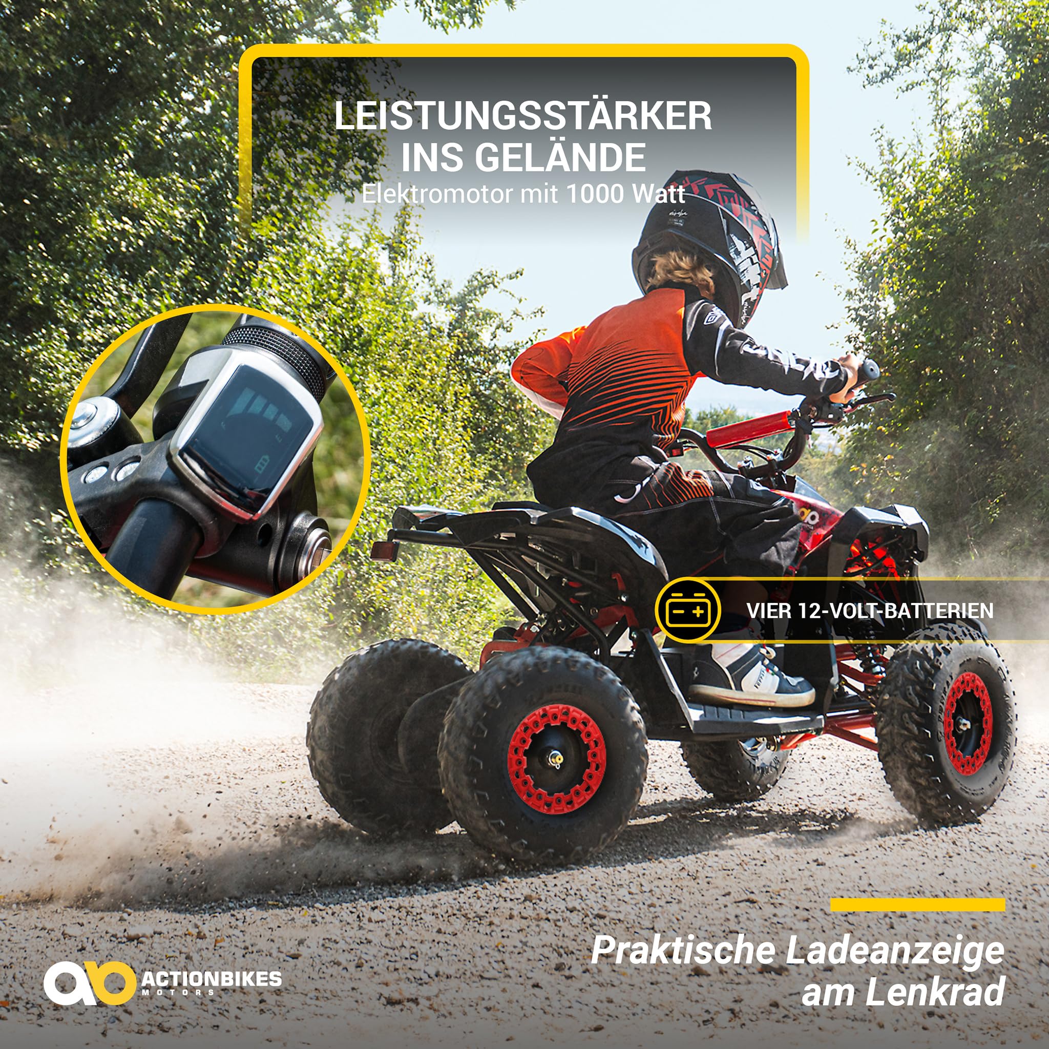 Actionbikes Motors Kinder Quad Elektro ATV Reneblade | 𝟒𝟖 Volt 𝟭𝟬𝟬𝟬 Watt Motor bis 𝟐𝟒 km/h - Kinderquad - Pocket Quad - Miniquad - Safety Fußschalter - Für Kinder ab 8 Jahren (Schwarz/Rot)