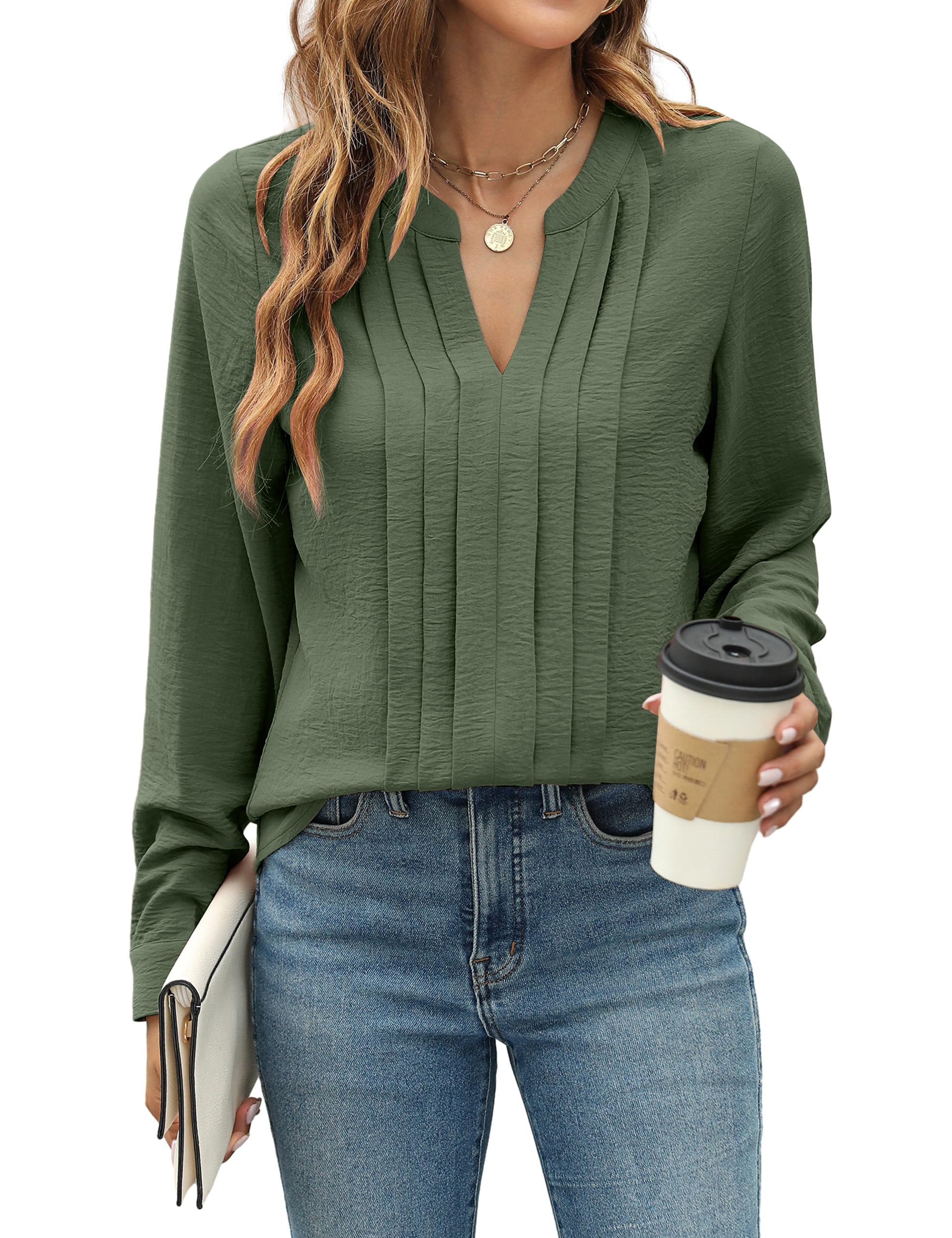 Blooming JellyWomen's Dressy Casual Blouses Business Work Tops Long Sleeve V Neck Pleated Shirts 2025 Fall Outfits