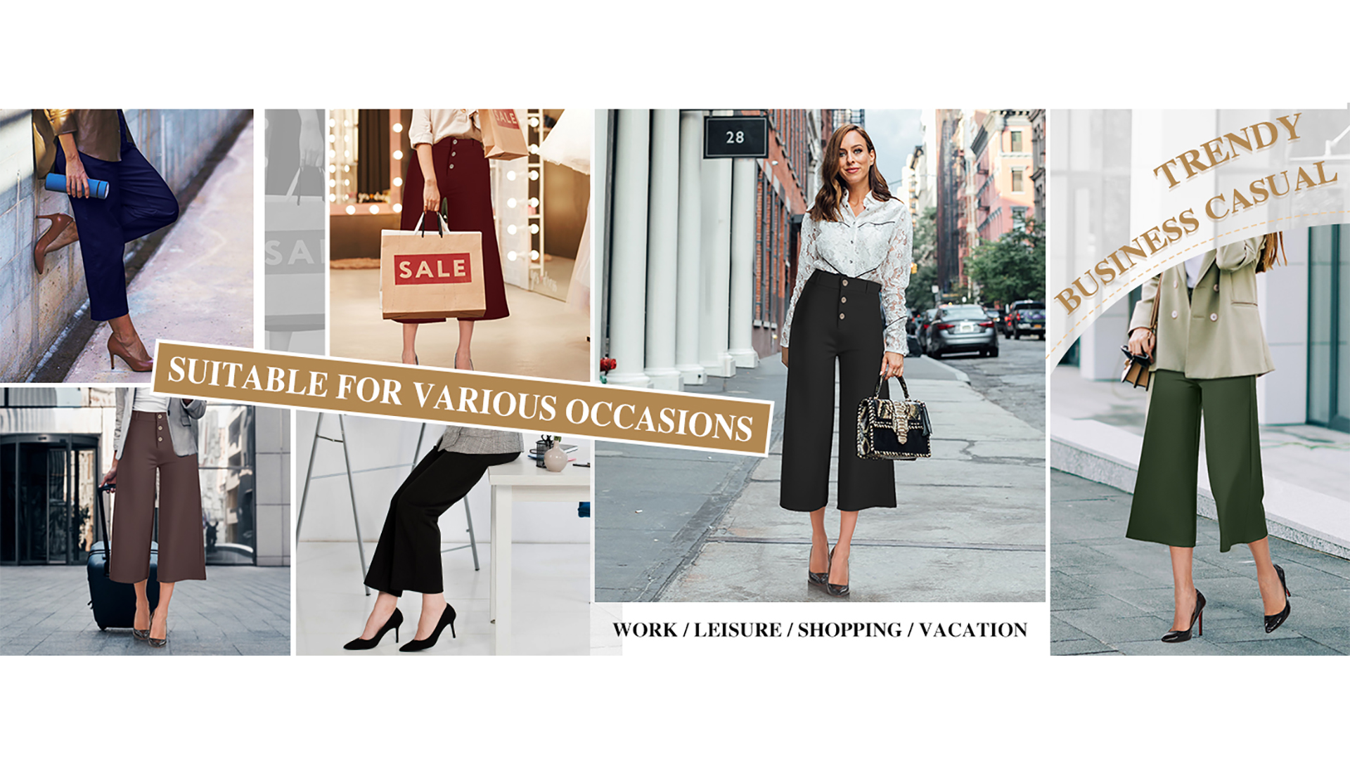 RIMLESS 7 Women's Twill Wide Leg Pants Comfy Business Work Crop