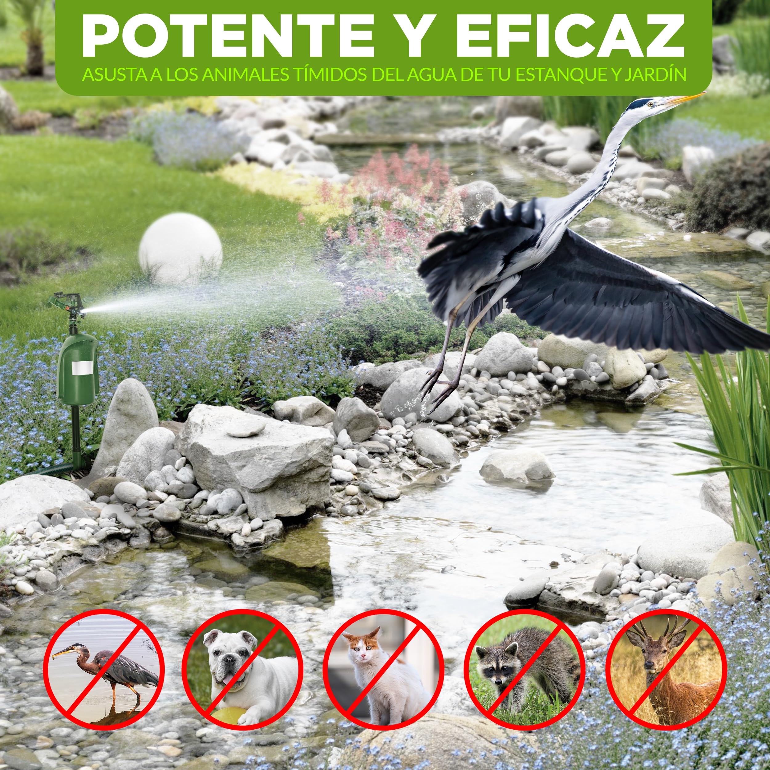 ISOTRONIC Repelente de Animales con Chorro de Agua — Ahuyentador de Gatos y Garzas con Detector de Movimiento 120° — Radio Ajustable para Jardín y Estanque — Defensa Eficaz (1 Unidad)