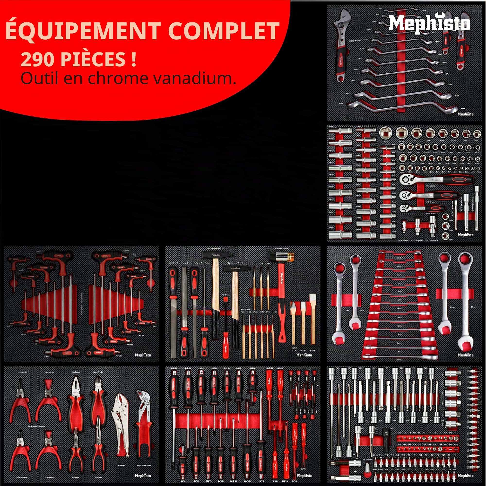 Mephisto Chariot XXL d'atelier avec 8 tiroirs dont 8 remplis d'outils comme clés à molette, cliquet avec écrou, tournevis, etc. avec tiroirs en incrustation souple en optique carbone