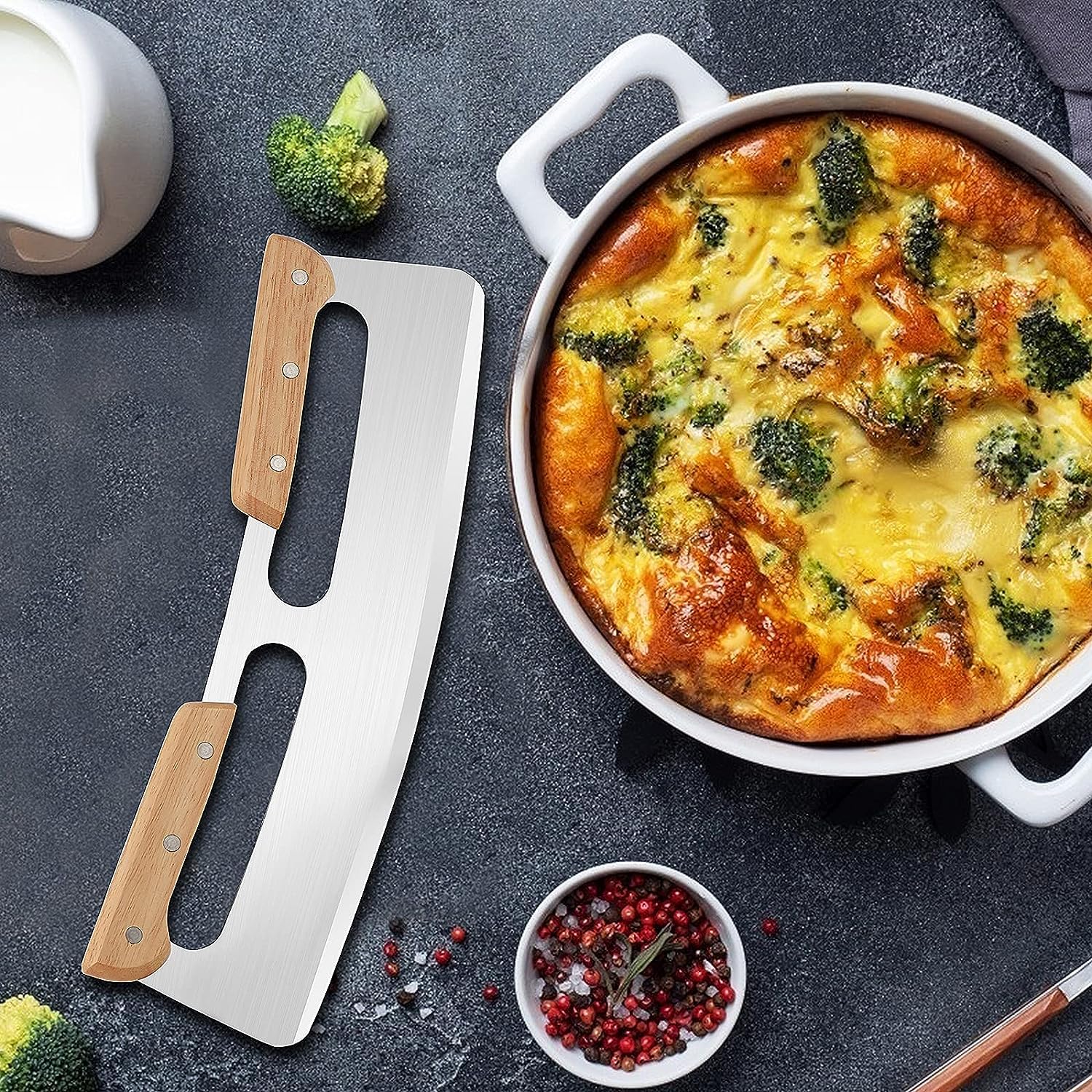 Cortador Pizza, Cuchillo Para Pizza de Acero Inox Corta pizza de Medialuna con Mango de Madera Pizza Ruedas Cortadora para Pizza Pastel y Pan