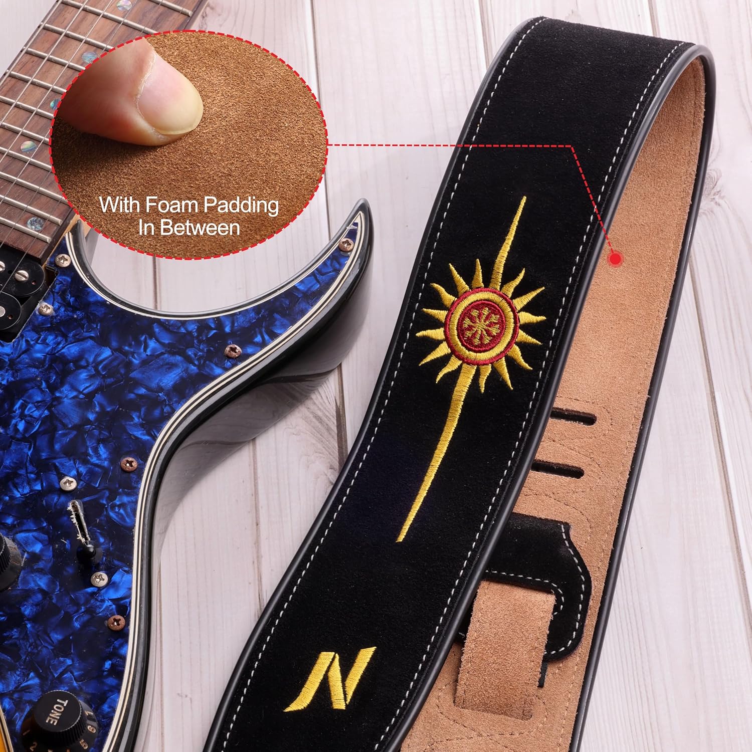 Nefelibata Guitar Strap Golden Sun, 2.7" Wide Double Layer Bavarian Tumbled Cowhide Guitar Strap with Foam Padding for Kids, Male and Female, Acoustic, Bass and Electric Guitars