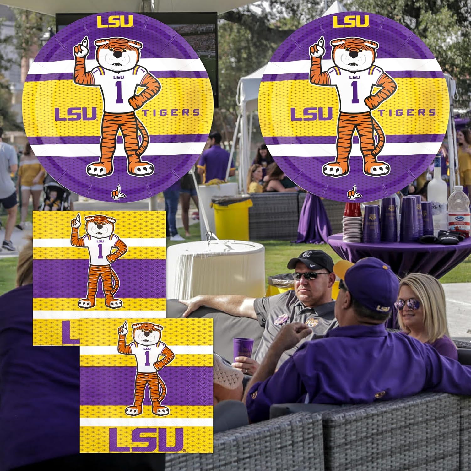 Havercamp LSU Party Plates and Napkins (32 Pcs.) - Includes 16 Large Paper Plates & 16 Luncheon Napkins. Party with Mike the Tiger