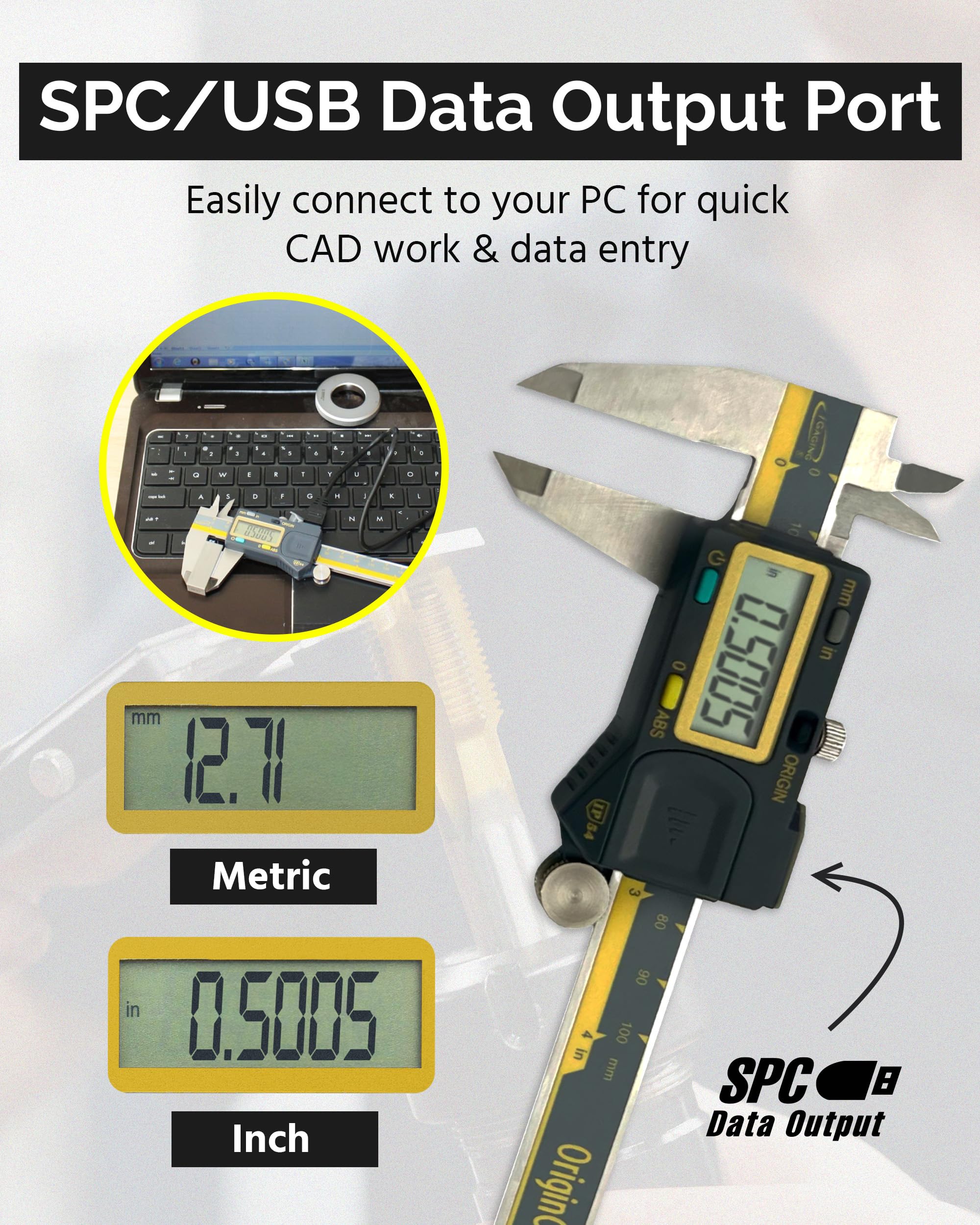iGAGING Absolute Origin - Calibre digital de 0-8 pulgadas, acero inoxidable IP54, puerto de salida SPC/USB, modos métrico y pulgadas, funda, manual, batería
