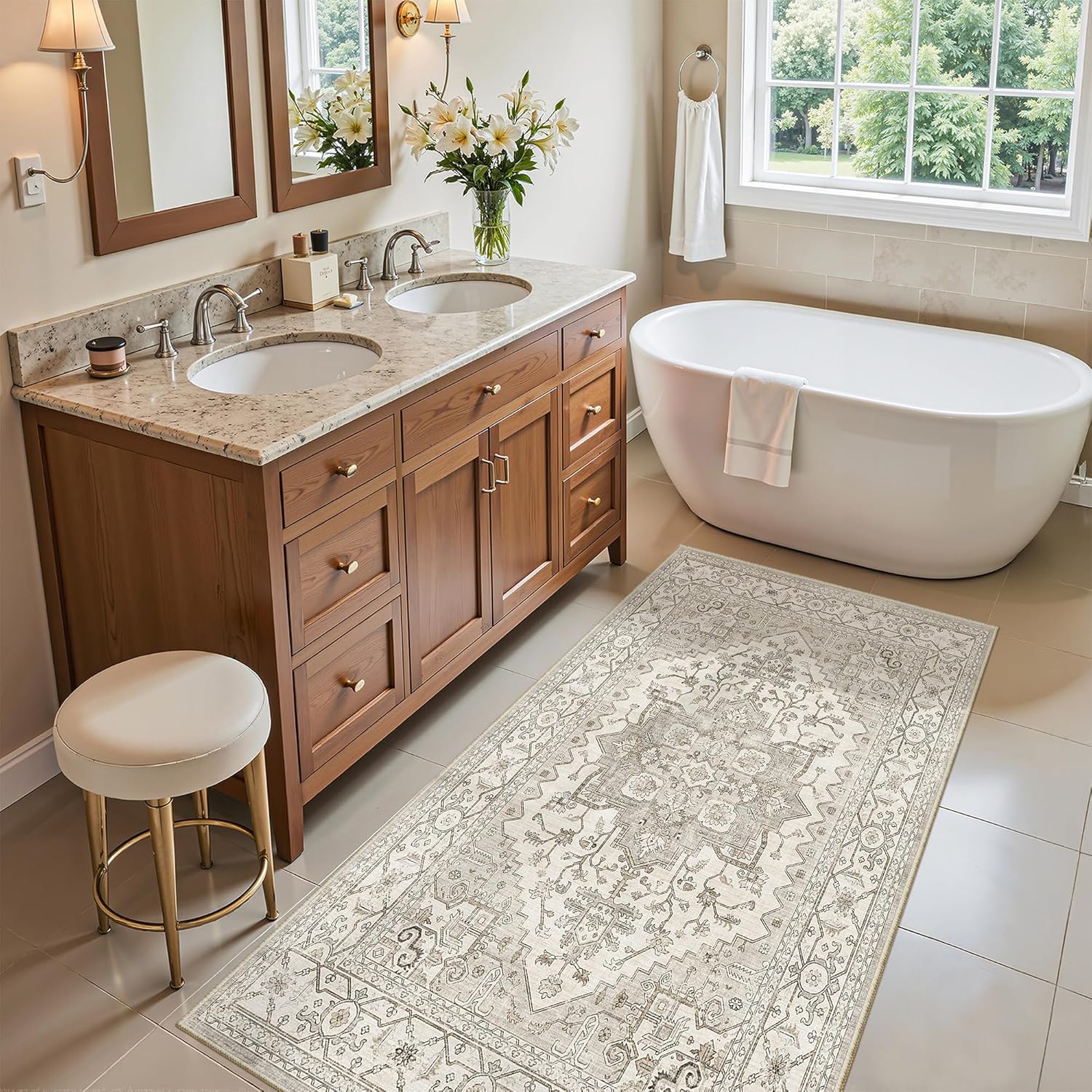madane washable area rug 2x4, small entryway rug non-slip vintage door mat indoor entrance, low pile floor carpet runner for inside front door kitchen entry laundry, beige/brown beige/brown 2' x 4' (rectangular)