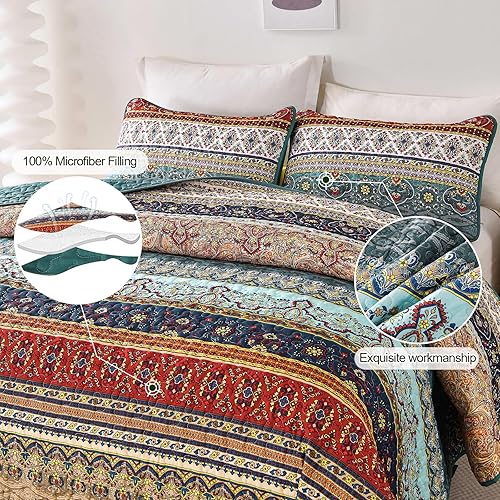 Miniatura 5 de WONGS BEDDING Juego de edredón bohemio tamaño Queen, color verde y marrón, juego de ropa de cama bohemio tamaño Queen, colcha de microfibra ligera