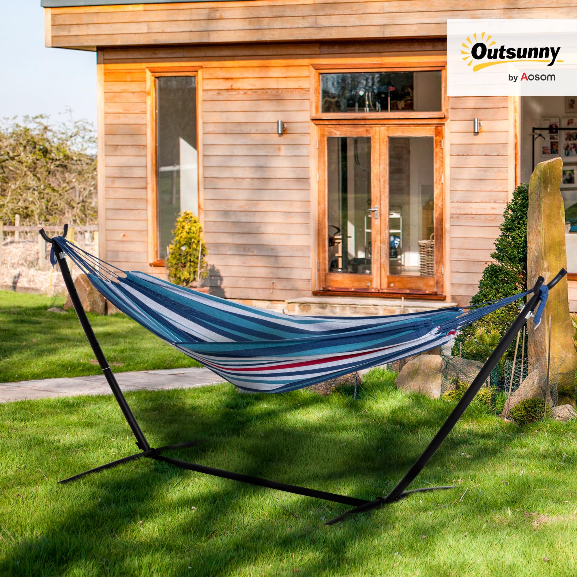 Outsunny Hamac de Jardin avec Support en métal époxy hamac sur Pied 1 Place Charge Max. 120 Kg Sac Transport Bleu Blanc