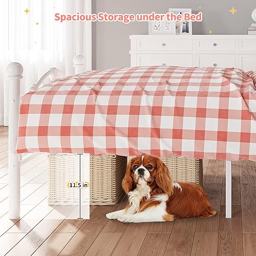 Miniatura 6 de Amyove Base de cama de metal blanco tamaño individual con cabecero y estribo en forma de corazón, plataforma de metal sólido, sin ruido, listones de