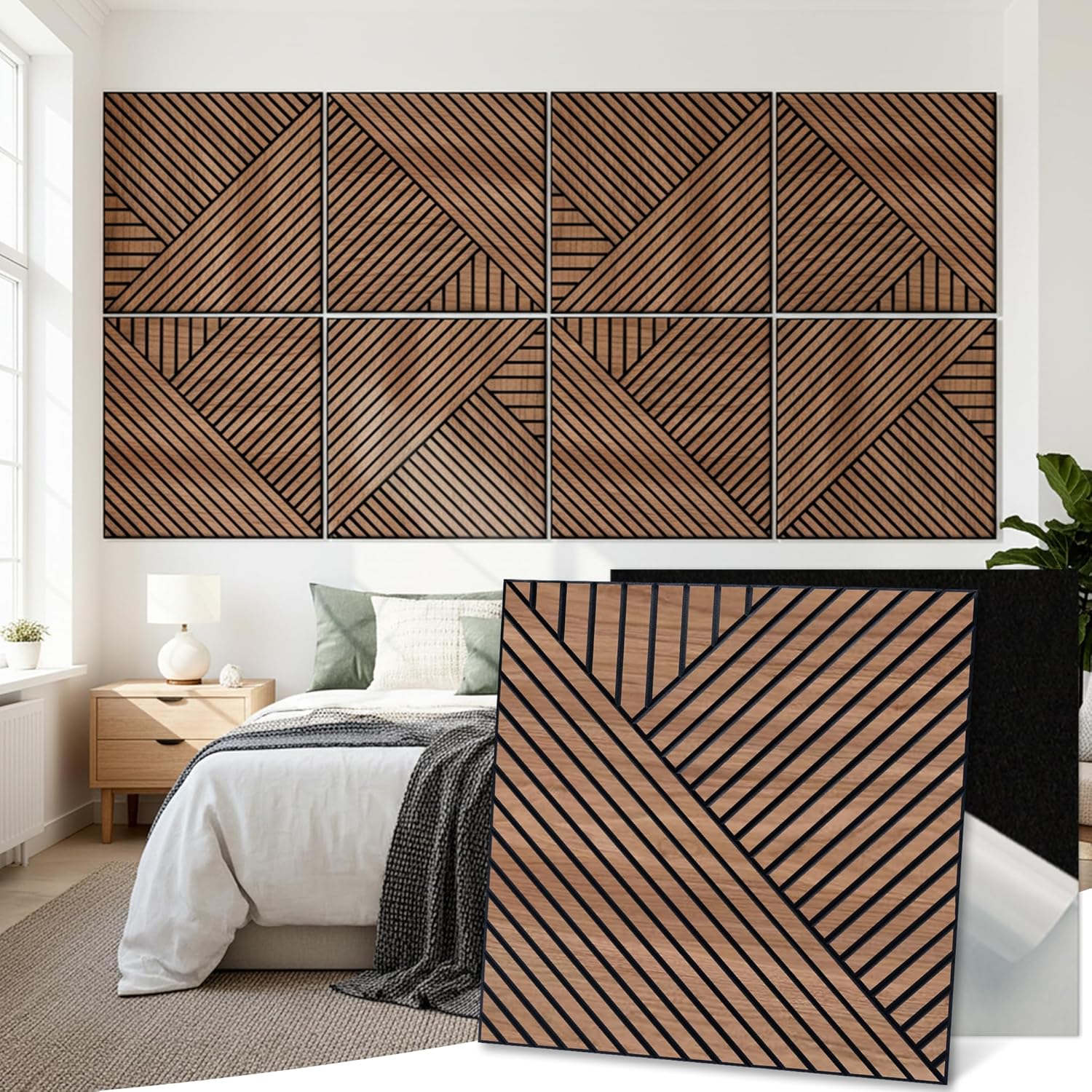 Mollywell Art Acoustic Wall Panels, 24x24 Inch 8 Pack, Wood Veneer, Sound Absorbing Self-Adhesive Wall Decor, Thread and Prism Woven Patterns, Walnut, for Home & Studio