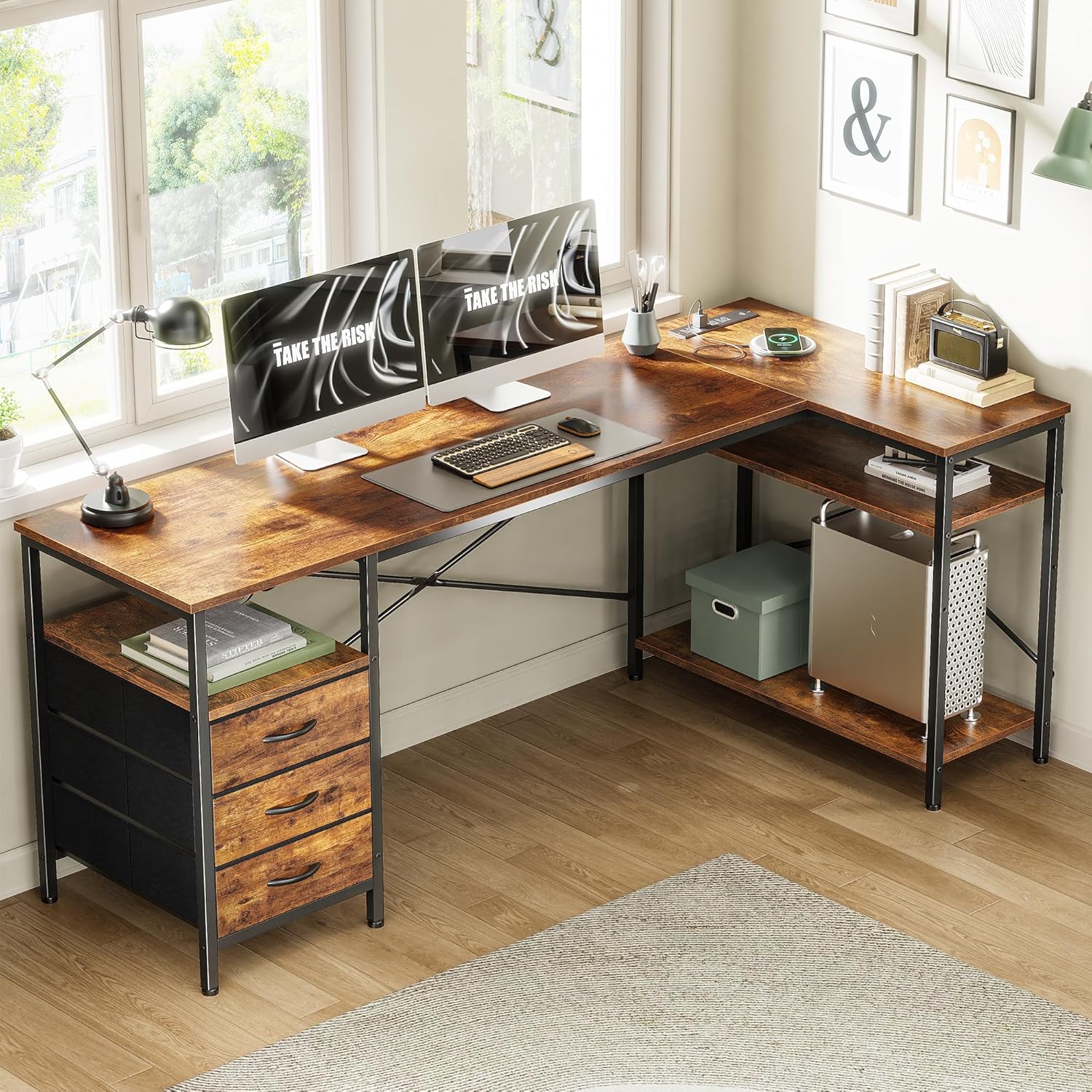 huuger l shaped desk with power outlets, 63 inch reversible computer desk with 3 drawers and shelves, home office table for corner work study writing gaming, rustic brown rustic brown 63inch