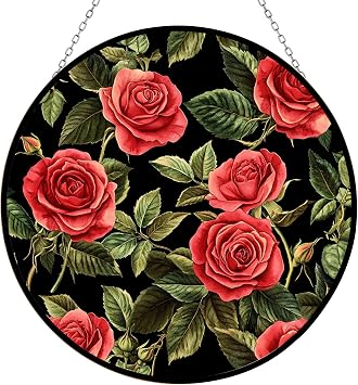 Rose Stained Glass Window Hanging by Clare Donovans, Cat Butterfly Sunflower Handcrafted Stained Glass Suncatchers, Gift for Cat Lovers Nature Lovers 12x12