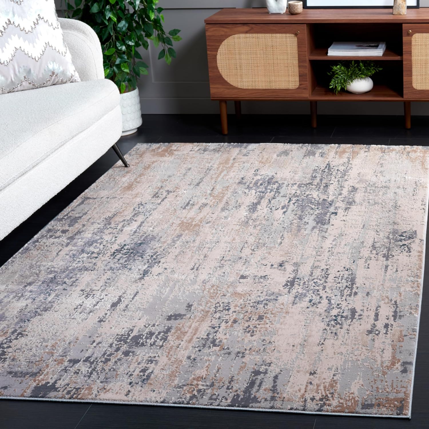SAFAVIEH Reflection Collection Area Rug - 6'7" x 9', Cream & Grey, Modern Design, Non-Shedding & Easy Cleaning, Ideal for Living Room, Bedroom, Dining (RFT432A)