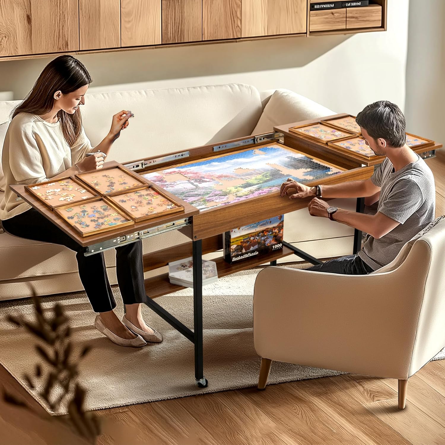 Becko US 2 in 1 Jigsaw Puzzle Table with 8 Sorting Trays, Foldaway & 3 Tilted Angle for Adjusted Height, Universal Wheels for Moves, Shelf Rack for Storage, 30 * 20.1 in for Puzzles Up to 1000 Pieces