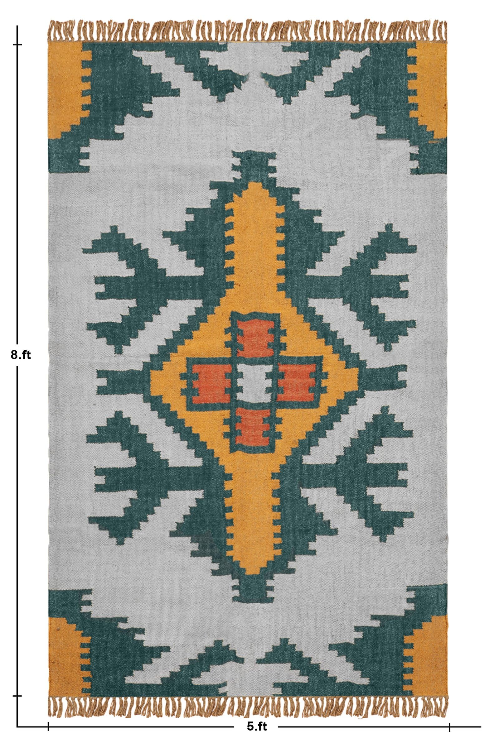 Kwadratowy geometryczny dywan Kilim 8 x 8 cm - żółty musztardowy i zielony geometryczny wełniany dywan jutowy ręcznie tkany płaski wełniany dywan jutowy do wewnątrz/na zewnątrz sypialni