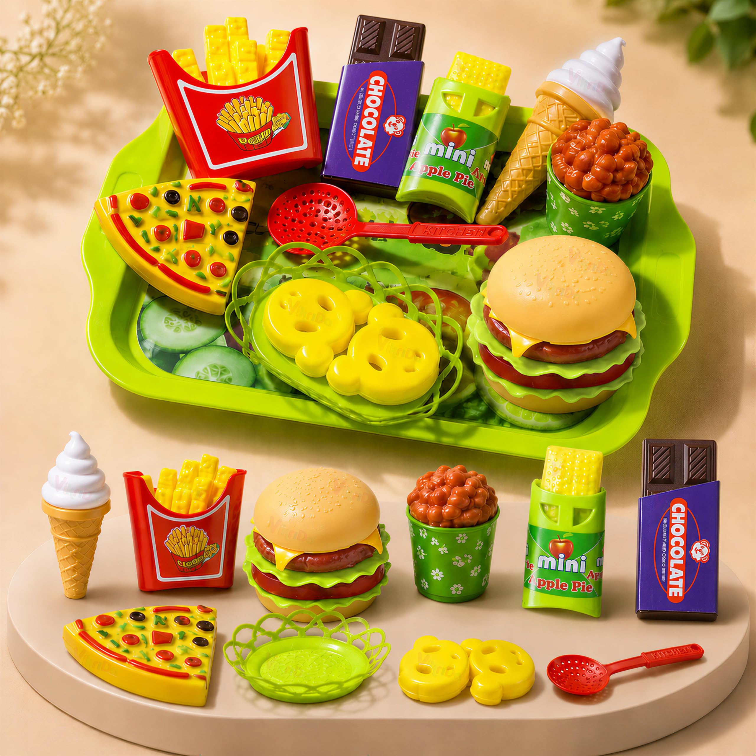VikriDA DIY Burger Fast Food Play Set for Kids | Pretend Play Food Toy with Burger Pizza Fries Ice Cream & Accessories | Educational Role Play Kitchen Toy for Boys & Girls Age 3+-image-31