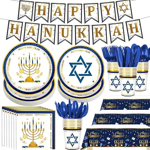 Juego de vajilla desechable de Janucá, 172 unidades, platos de menorá y servilletas, vasos, manteles, pancartas de aluminio, cuchillos, cucharas,
