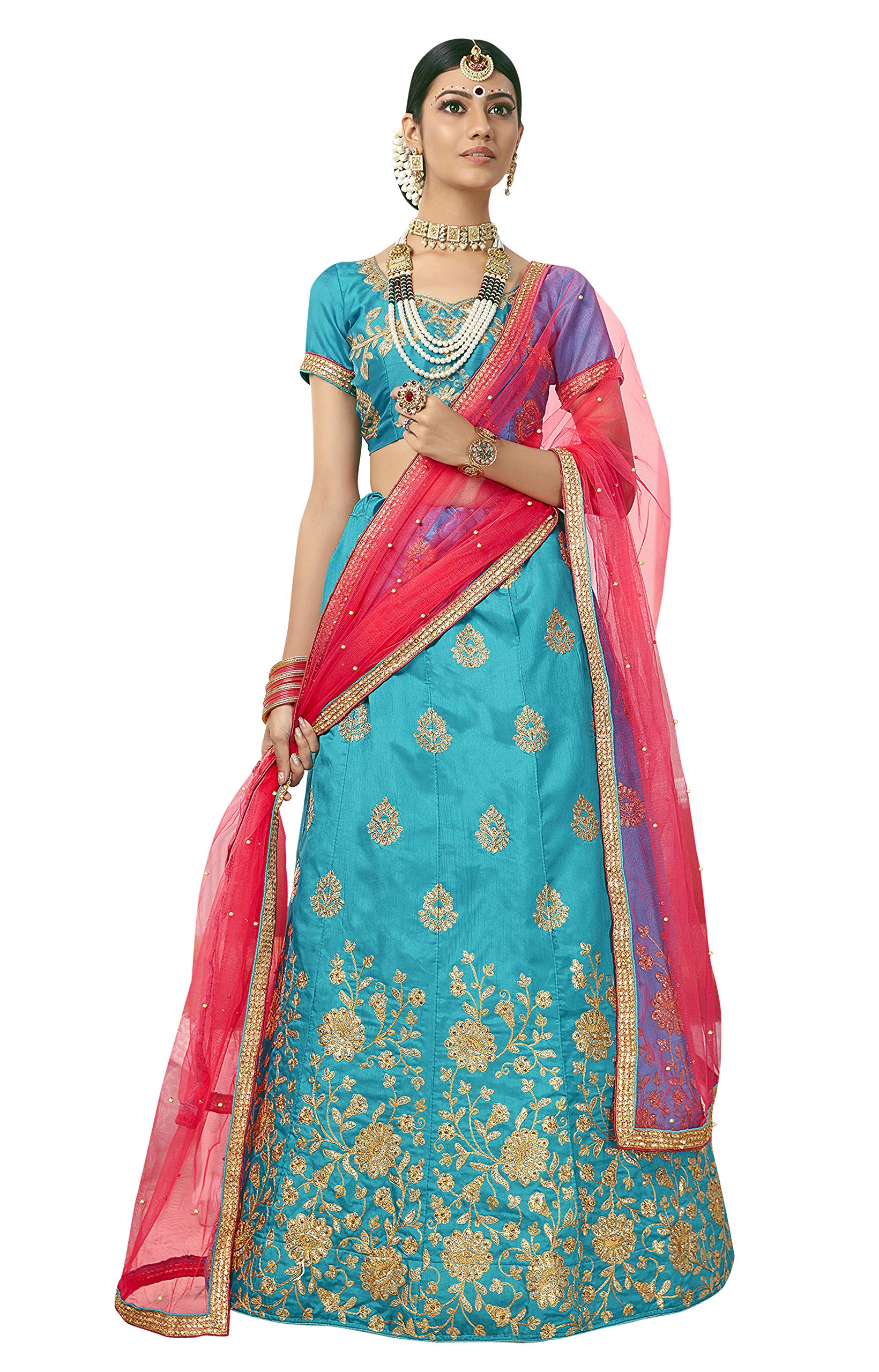 MarooshWomen's Blue Semi Stitched Lehenga With Blouse