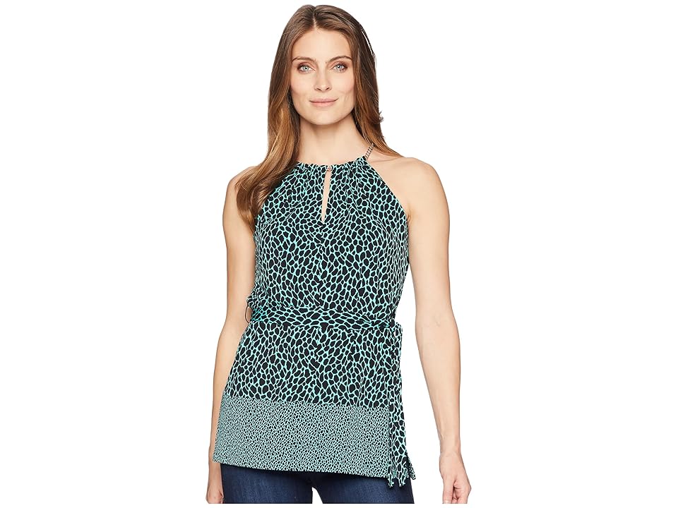 

MICHAEL Michael Kors Multi Leopard Trim Neck Tunic (Aqua/Black) Women's Clothing