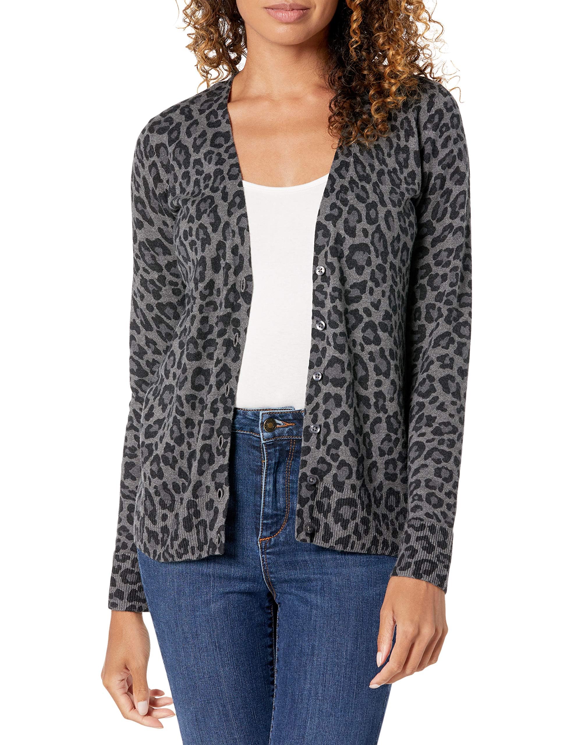 Amazon Essentials Women's Lightweight Cardigan Sweater, Charcoal Heather Animal, XXL