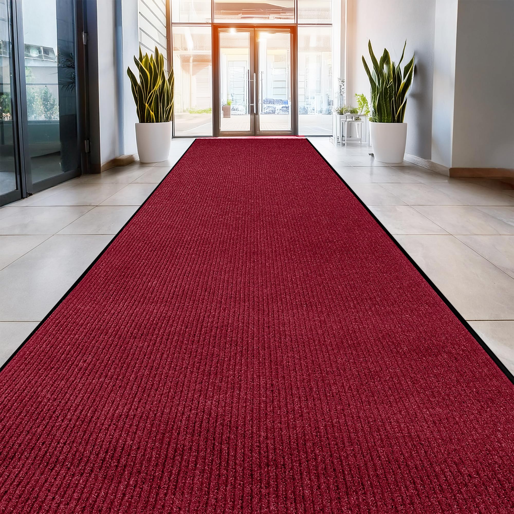 MaxMat® Oversized Rubber Door Mat - Heavy Duty, Waterproof, Low-Profile, Easy to Clean, Commercial Floor Mat (4 x 16 Feet, red, MXM-RIB0316BK)