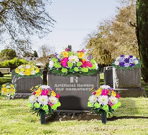 Miniatura 2 de Sillín de flores de lápida artificial para tumba, juego de 3 piezas de flores de cementerio, ramo colorido con mariposa viva, arreglo conmemorativo