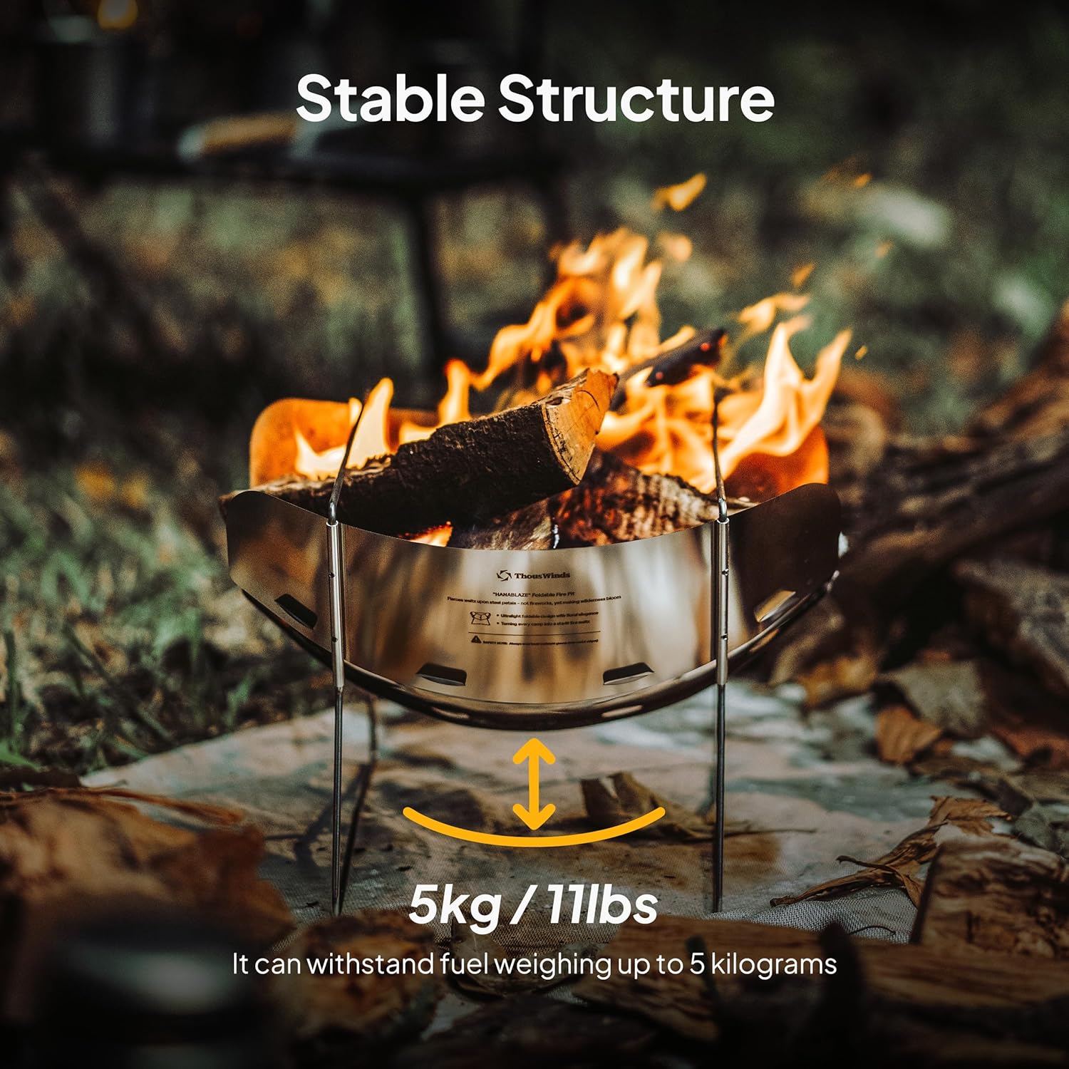 Thous Winds Lightweight Fire Pit, 12-inch Portable Camping Firepit, 453g Outdoor Stainless Steel Camp Grill, Wood Burning Charcoal for BBQ Bushcraft Backpacking, Easy Carry & Storage