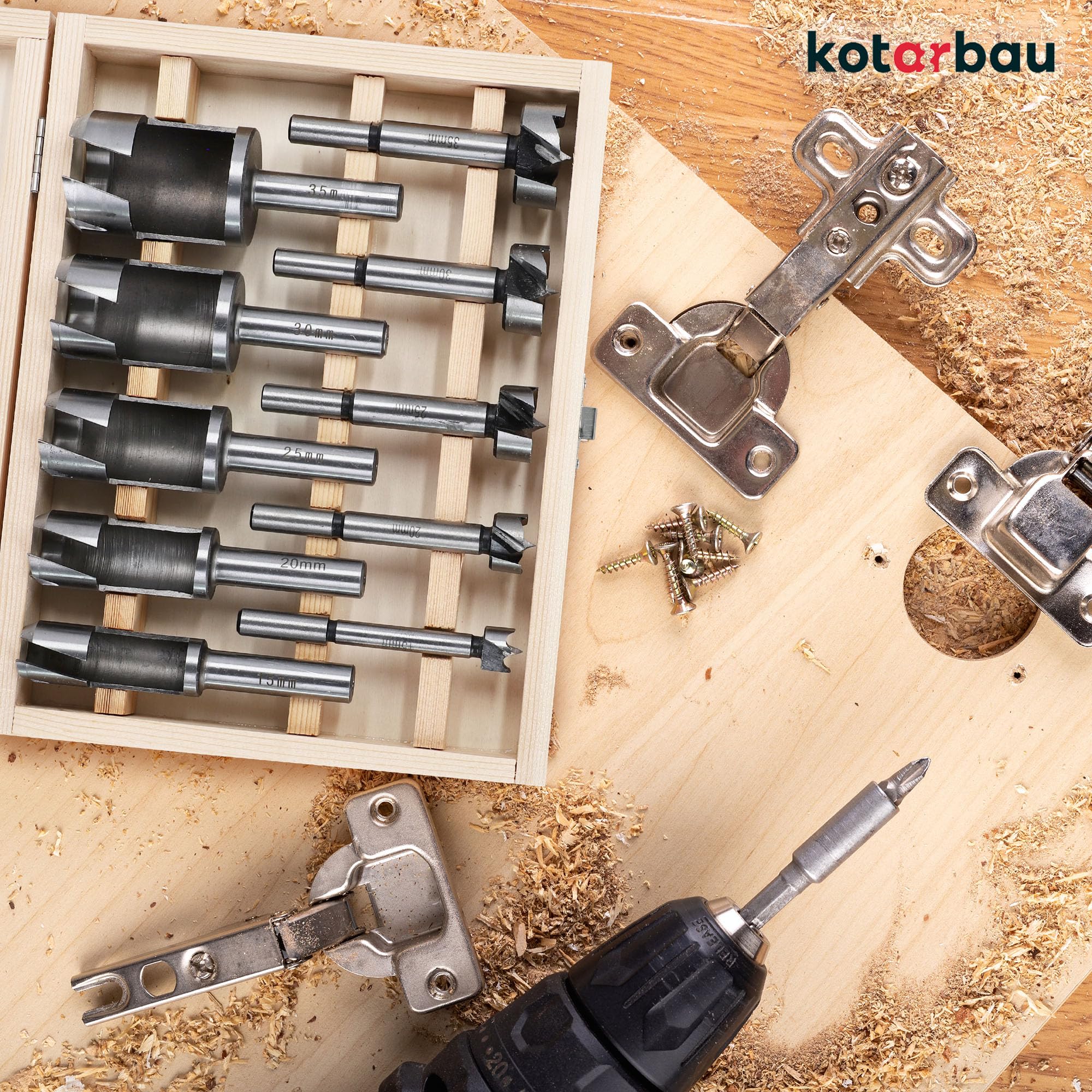 KOTARBAU® Juego de 10 brocas para madera (15-35 mm, con caja de madera)