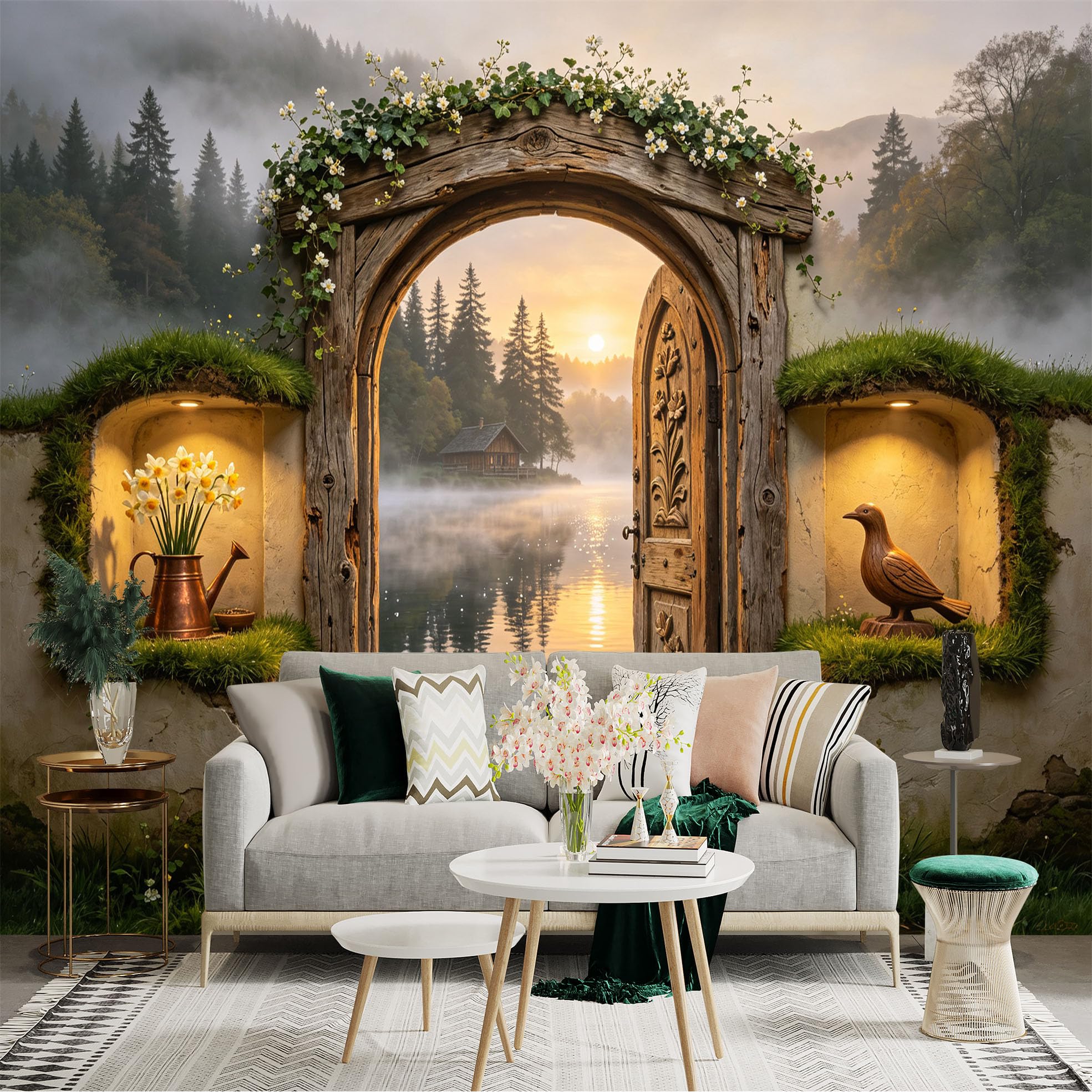 Custom Size Wall Sticker Mural， Rustic Wooden Doorway， Misty Lake Sunrise， Forest Cottage Scenery， for wall Decoration， peelandstick wall Decals.