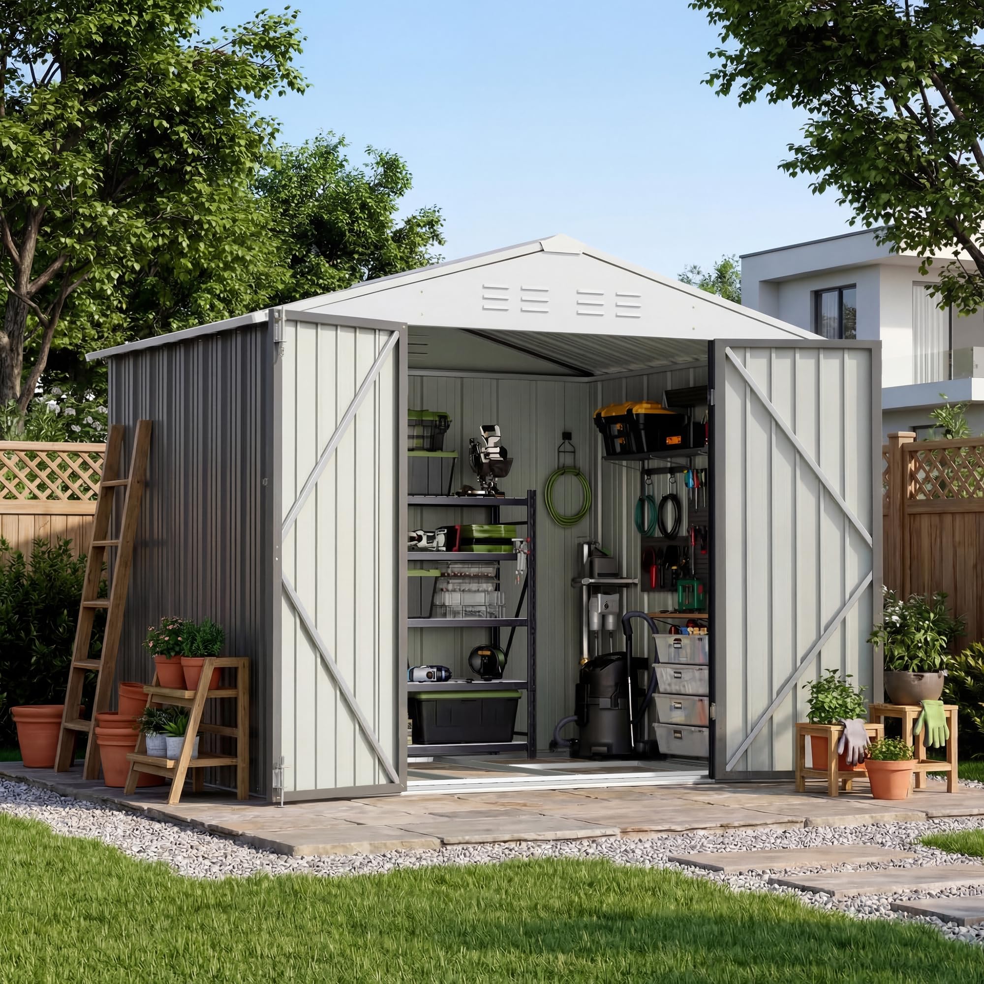 Devoko 8x6 FT Outdoor Storage Shed with Floor Frame, Gray