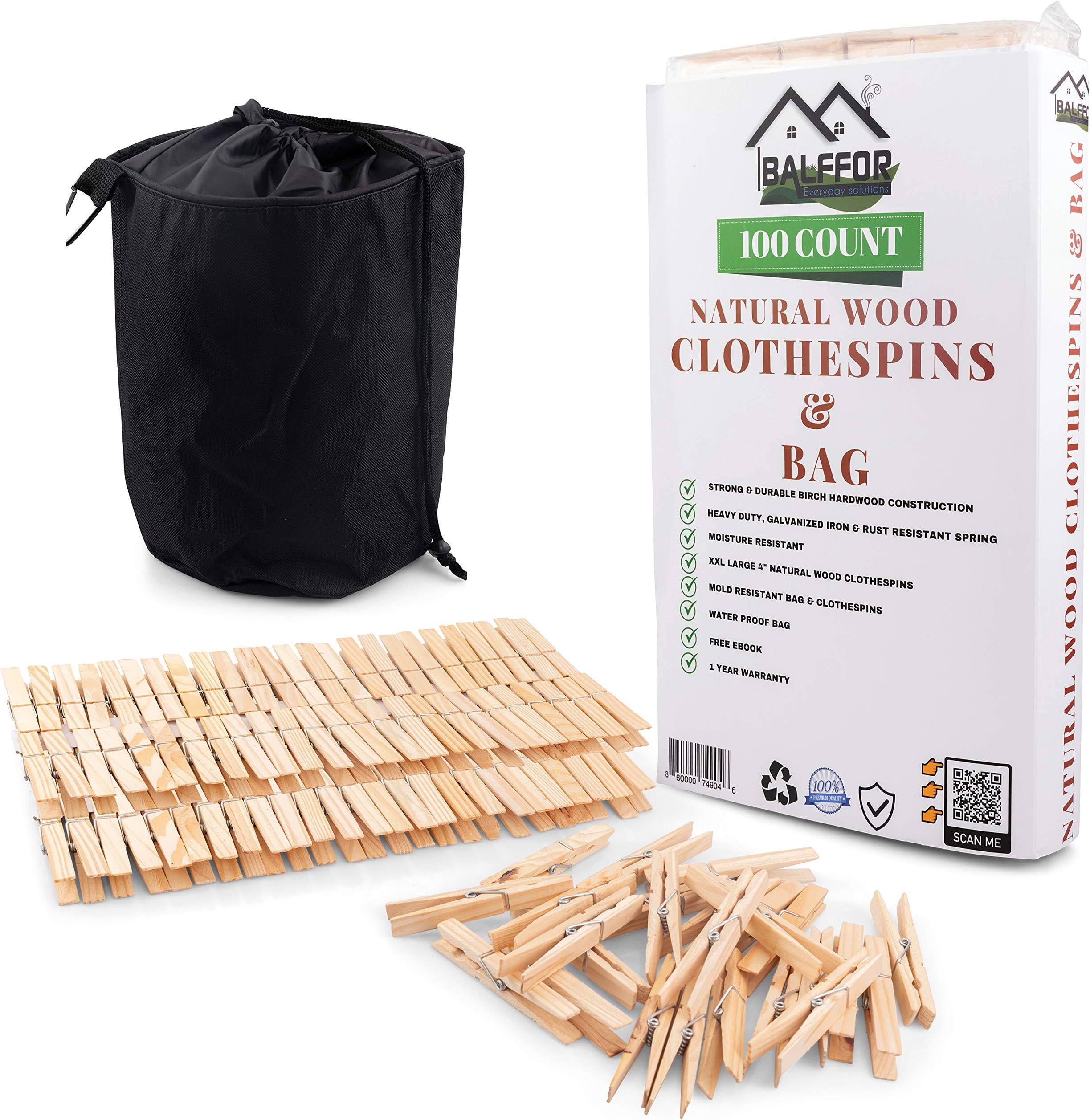 100 Large Wooden Clothespins & Clothespin Bag - Jumbo, Heavy Duty & Natural Pine Wood Clothes Pegs with Large Waterproof and Dust-Proof Clothes Pin Bag for Indoor or Outdoor Clothesline