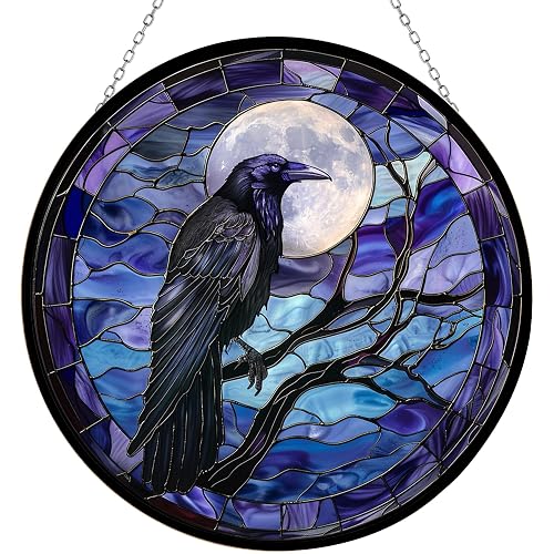 365CUSGIFTS Moon Crow Stained Glass Window Hanging Sun Catcher Halloween Haning Ornament Decoration Christmas Birthday Gifts for Lover and Friends - Moon Crow - 6.3 inches