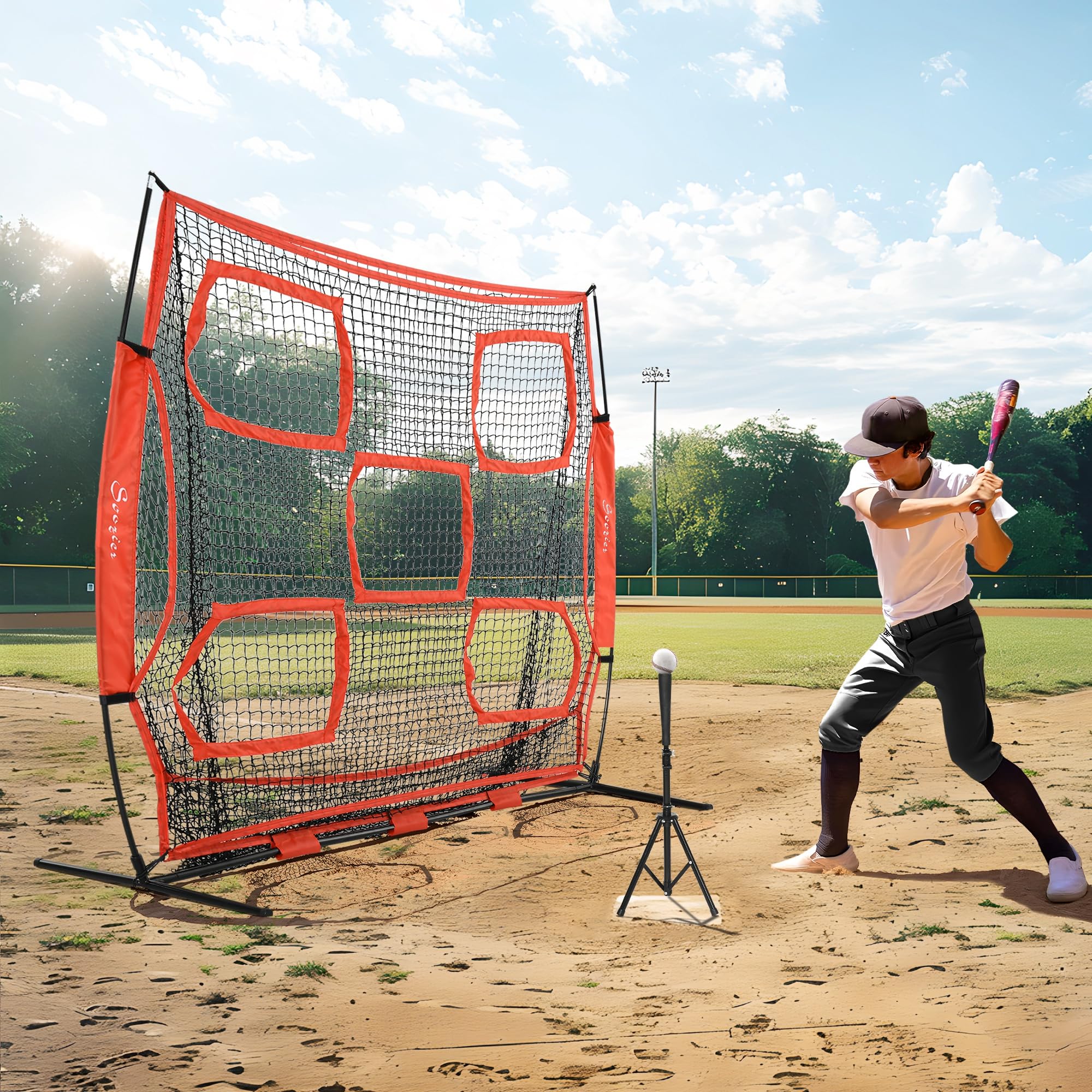 Filet D'entraînement Baseball/softball 7x7 Pieds Portable - Pour La Frappe, Nylon Rouge Et Noir