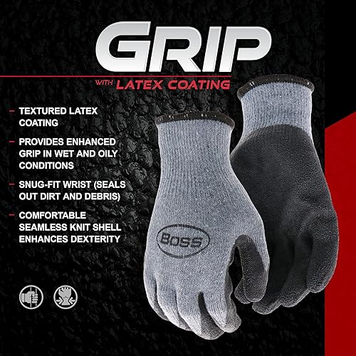 Miniatura 6 de BOSS Guantes de trabajo con revestimiento de látex texturizado para hombre, agarre mejorado, resistentes al agua, resistentes a la abrasión, carcasa