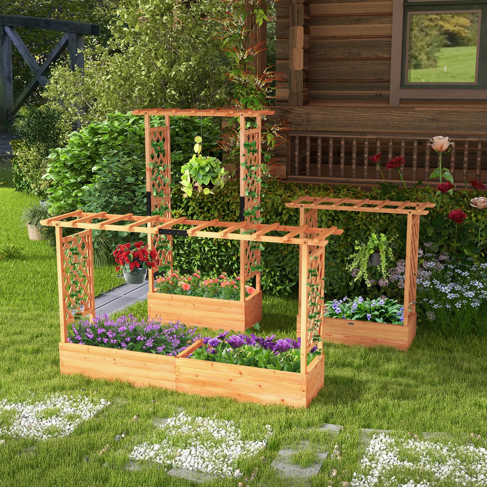 RELAX4LIFE Jardinière Surélevée avec Treillis Latéral & Supérieur, Jardinière sur Pied avec Treillis&Trous de Drainage, Conteneur de Plantes Vertical Pourvignes Grimpantes (200x44x114CM)