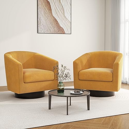 Swivel Barrel Accent Chair, Modern Round Corduroy Fabric Arm Chair for Living Room, Bedroom, Comfy Club Reading Chairs for Adults (Corduroy Orange, Set of 2)